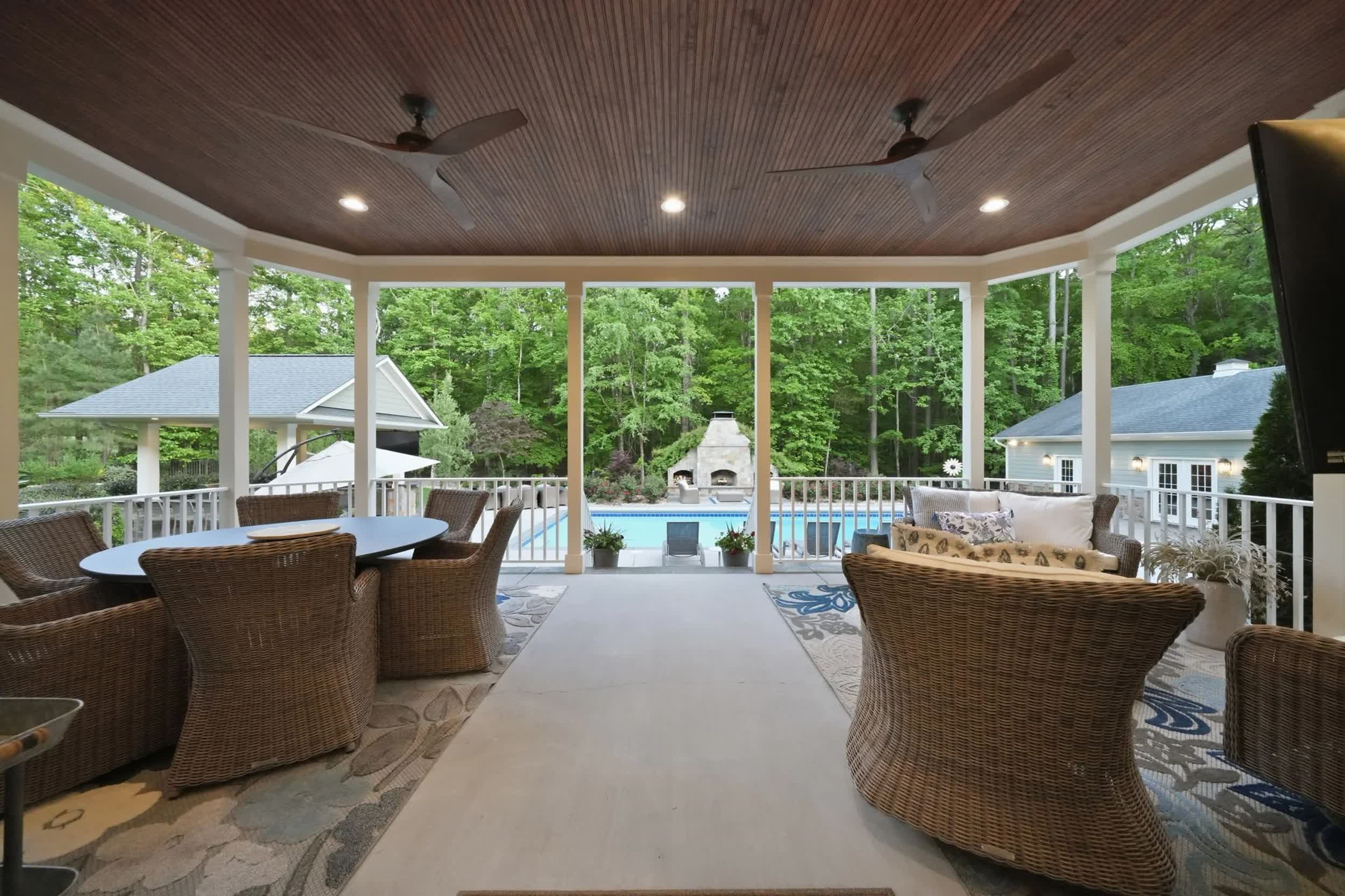 Outdoor lounge area with fireplace